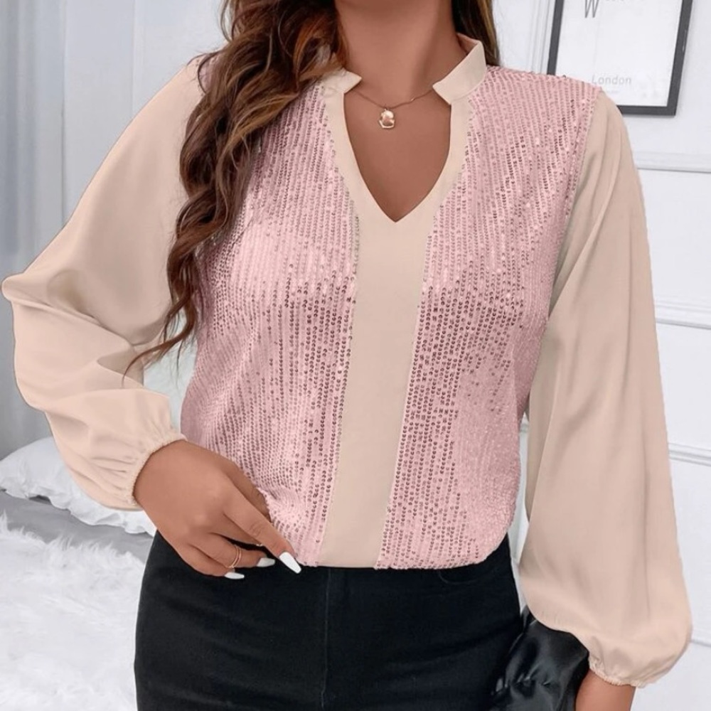 SHEIN UNITY PLUS SIZE LANTERN SLEEVE SEQUINS BLOUSE BABY PINK
